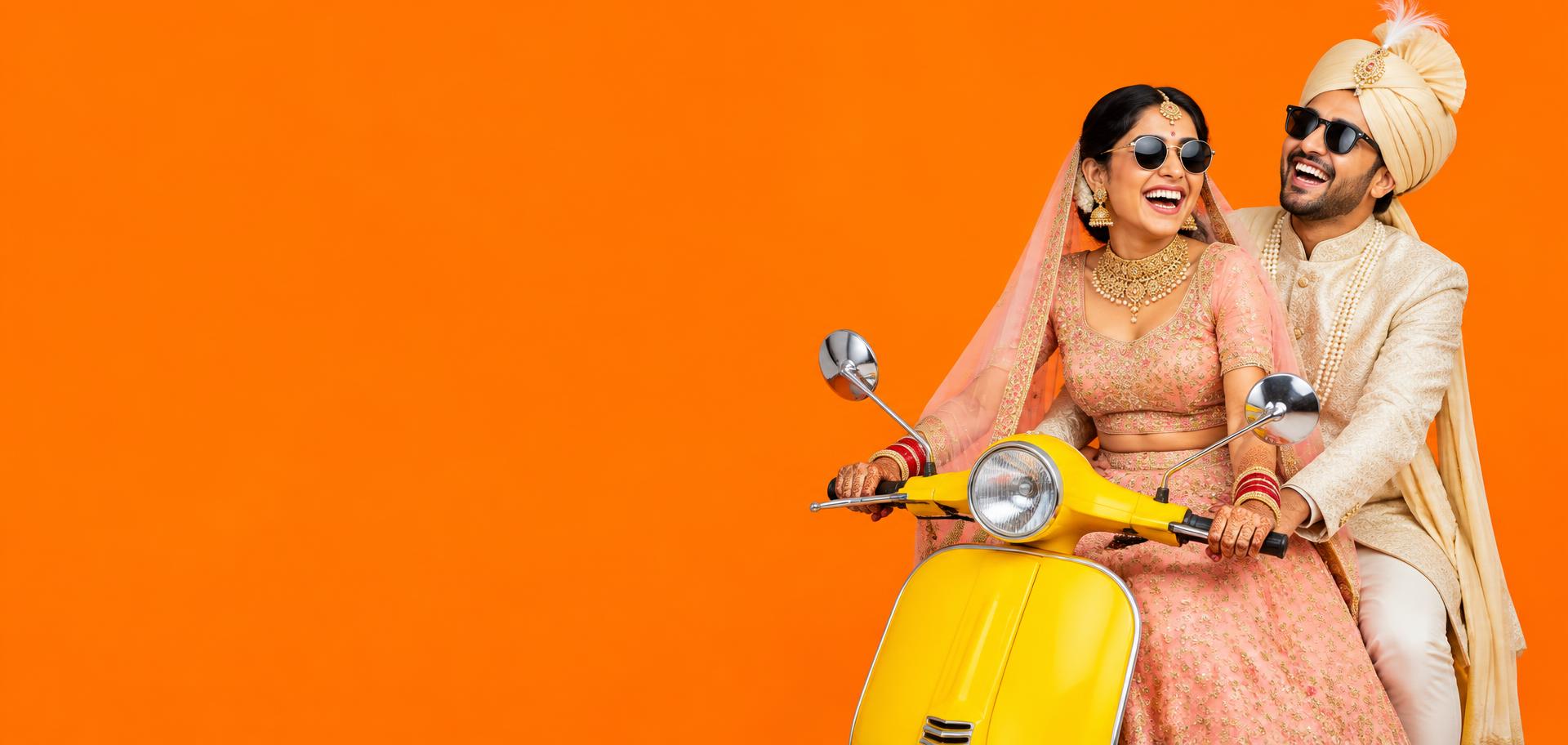 Laughing Indian newlywed couple in wedding attire riding a yellow scooter